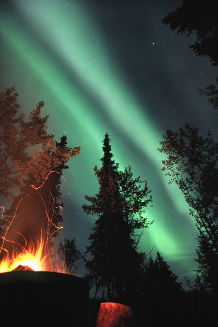 Campfire And Northern Lights, Yukon PosterPrint
