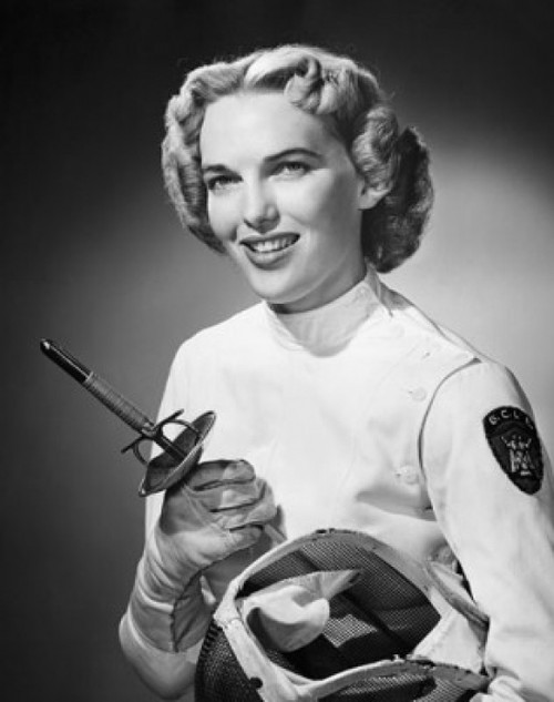 Young woman holding a sword and a fencing mask Poster Print - Item # VARSAL2553662B