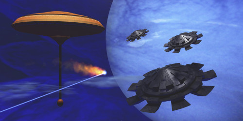 A meteor goes flying past a space station as three flying saucers come in for a landing Poster Print