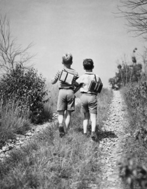 Rear view of two schoolboys walking together along field path Poster Print - Item # VARSAL25543777