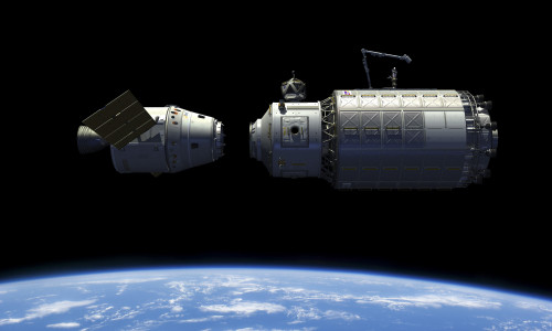 A manned reusable crew capsule docks with an orbital maintenance platform in low Earth orbit. Once docked this mobile spacecraft system will have a total length of 70 feet Poster Print - Item # VARPSTWMY100312S