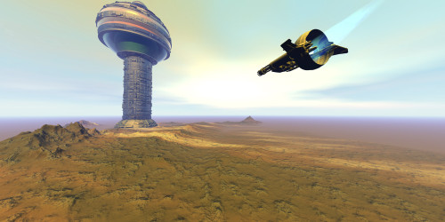 A spacecraft nears a spaceport on another planet Poster Print - Item # VARPSTCFR100121S