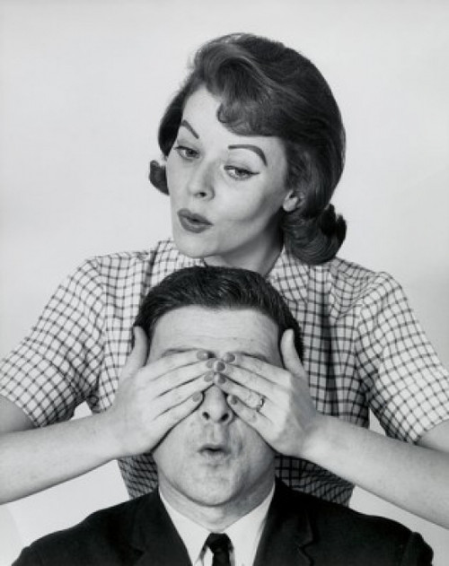 Close-up of a young woman covering the eyes of a young man from behind Poster Print - Item # VARSAL25541238