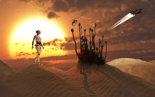An android harvesting a rare plant on a desert alien world Poster Print - Item # VARPSTMAS100974S