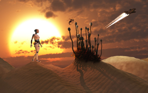 An android harvesting a rare plant on a desert alien world Poster Print - Item # VARPSTMAS100974S