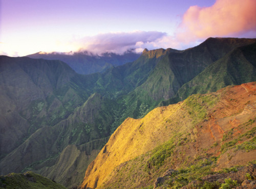 Hawaii, Maui, Ukumehame Gulch And West Maui Mountains At Sunset, Orange Cloud, With Green Mountains In Background. PosterPrint - Item # VARDPI2002945