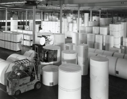 High angle view of a worker driving forklift in a paper warehouse Poster Print - Item # VARSAL25535116