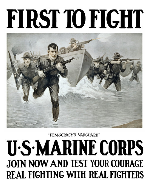Vintage World War One poster of U.S. Marines storming a beach, rifles in hand Poster Print - Item # VARPSTJPA100494M