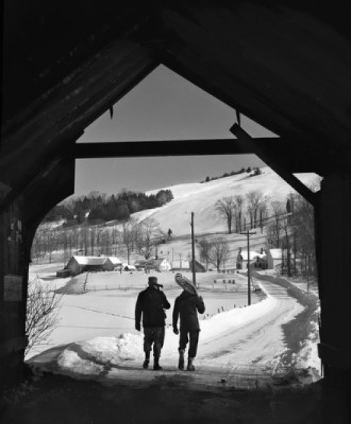 USA  New England  Vermont  Turnbridge  Men walking under covered bridge on Route 110 Poster Print - Item # VARSAL255418820