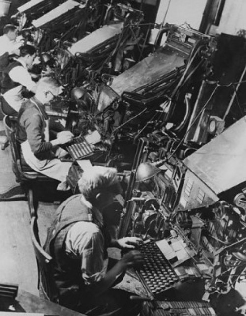 High angle view of male workers operating linotype machines  New York City  New York State  USA Poster Print - Item # VARSAL25539062