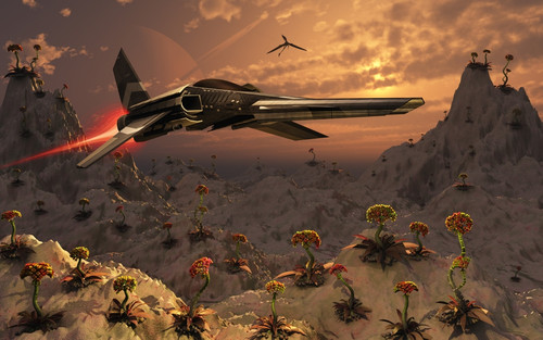 A futuristic scene depicting an Earth ship patrolling a distant alien world Poster Print