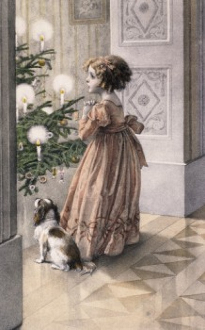 Girl With Dog In Front Of Christmas Tree   Nostalgia Cards Poster Print - Item # VARSAL9801127