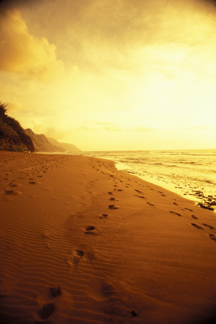 Hawaii, Kauai, Na Pali Coast, Beach At Sunset With Footprints In Sand, Golden Sky And Water PosterPrint - Item # VARDPI1998071