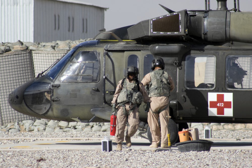 Baqubah, Iraq - A UH-60 Blackhawk Medivac helicopter refuels at Camp Warhorse after a mission Poster Print - Item # VARPSTTMO100058M