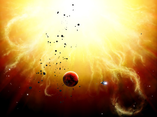 Artist's concept of a manned expedition to the inner planets of a raging star Poster Print - Item # VARPSTBCH100006S