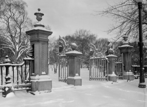 USA  Massachusetts  Boston  Public Garden  Entrance gate during winter Poster Print - Item # VARSAL255423850