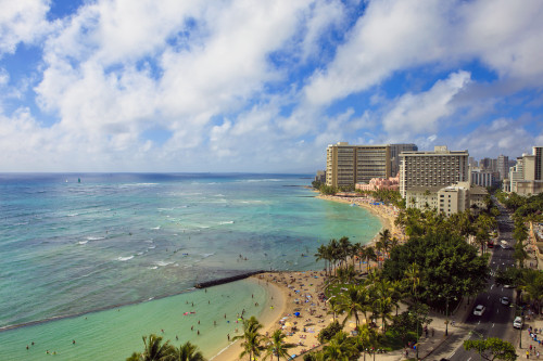 Hawaii, Oahu, Waikiki, View of the Pacific Ocean, Waikiki Beach, and famous hotels. PosterPrint - Item # VARDPI2116169