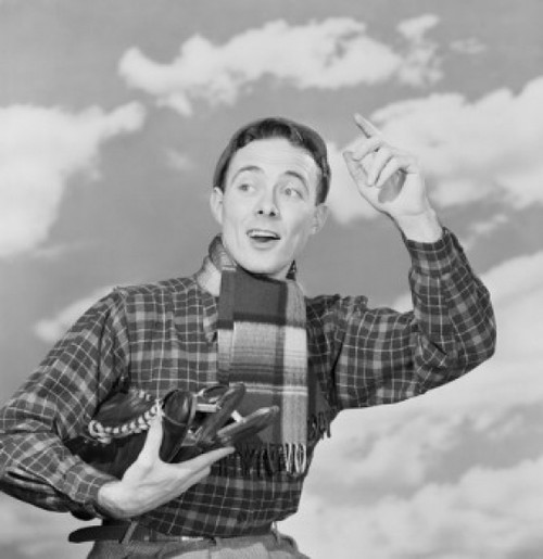 Man carrying ice skates  hailing Poster Print - Item # VARSAL255422992A