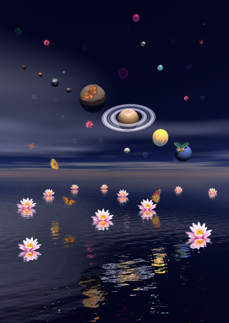 Planets of the solar system surrounded by several nebulae, planets and flying butterflies upon the ocean covered with lotus flowers Poster Print - Item # VARPSTEDV200014S