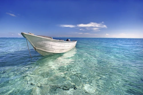 French Polynesia, Tahiti, Bora Bora, White Boat Floating On Turquoise Water. PosterPrint - Item # VARDPI1975865
