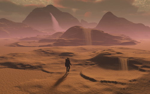 The lone figure of an explorer watching the sandfalls of an otherwise barren planet, which seems unsuitable for colonization. Poster Print - Item # VARPSTMAS100241S