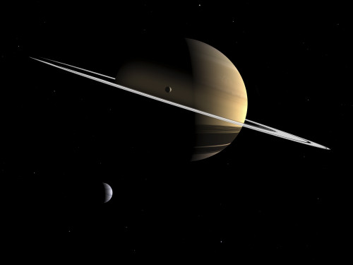 Artist's concept of Saturn and its moons Dione and Tethys Poster Print - Item # VARPSTWMY100090S