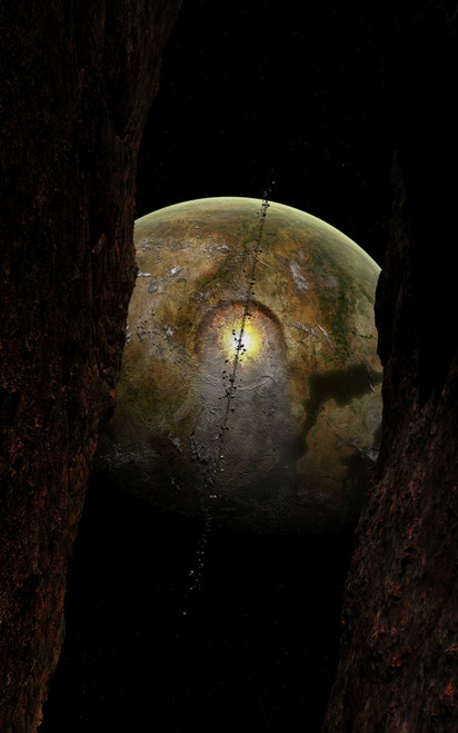 An extraterrestrial planet has been hit by a huge asteroid. The debris of that asteroid has built a ring around that planet. The image is framed by two asteroids en route to that same planet Poster Print - Item # VARPSTFHV100010S