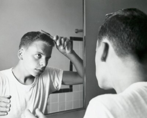 Rear view of a teenage boy combing his hair in front of a mirror  1960 Poster Print - Item # VARSAL25517442