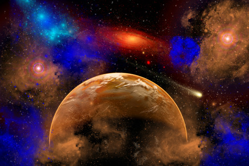 A colorful star system illuminated by different colored nebula gases, providing light and warmth to a nearby planet Poster Print - Item # VARPSTMAS100300S