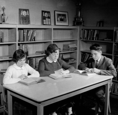 School children reading in library Poster Print