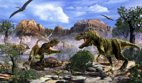 Two T-Rex dinosaurs fighting over a dead carcass. Poster Print - Item # VARPSTKRT600018P