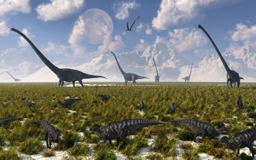 A mixture of sauropod and hadrosaur dinosaur herds grazing together Poster Print - Item # VARPSTMAS100845P