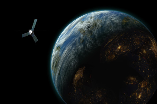 An artist's depiction of a satellite in orbit around an Earth-like inhabited world. Some image components courtesy of NASA Poster Print - Item # VARPSTMRC200049S