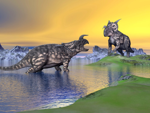 Confrontation between two Einiosaurus dinosaurs in a landscape with water, mountains and green grass by sunset Poster Print - Item # VARPSTEDV600025P