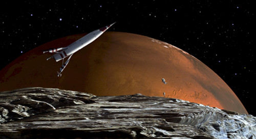 A spaceship in orbit over Mars moon, Phobos, with the red planet Mars in the background Poster Print - Item # VARPSTHET100019S