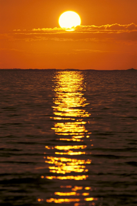 Sunset Reflections On Dark Ocean Water, Sun Ball In Orange Sky