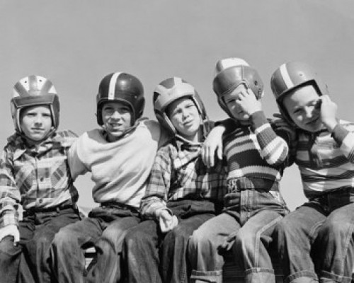 Five boys wearing sports helmets and sitting together Poster Print - Item # VARSAL25516626B
