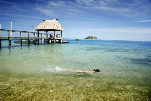 Fiji, Mamanuca Islands, Wadigi Island in distance; Malolo Island, Snorkeler in clear ocean besides pier with fijian style thatched bure roof PosterPrint - Item # VARDPI1985759