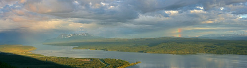 Panoramic Of An Approaching Storm And With A Rainbow In Background At Sunset, Teslin Lake, Yukon PosterPrint - Item # VARDPI2026523