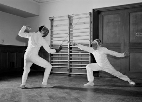 Two fencers fighting Poster Print
