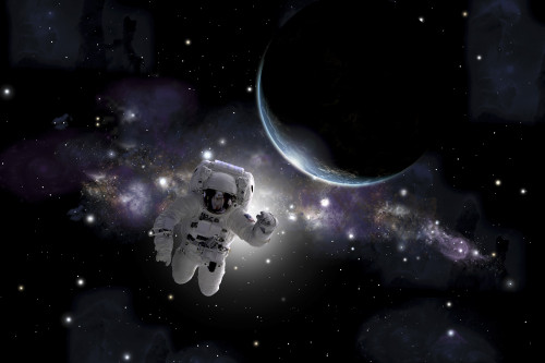 Artist's concept of an astronaut floating in outer space. An Earth-like planet sees sunrise in the background Poster Print - Item # VARPSTMRC200093S
