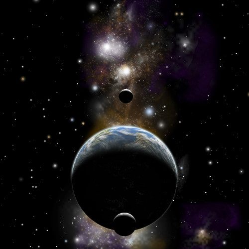 An artist's depiction of an Earth type world with two moons against a background of nebula and stars Poster Print - Item # VARPSTMRC200004S