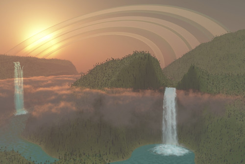 This alien planet of lush tropical jungle, river systems and waterfalls is surrounded by planetary rings Poster Print
