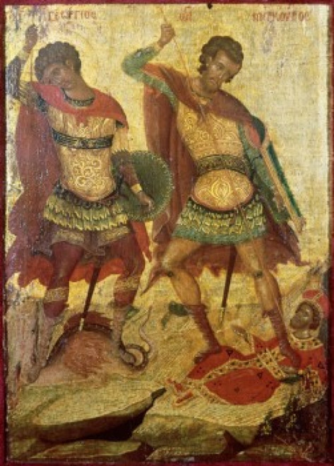 Saint George & Saint Demetrius   16th Century  Michael Damaskenos  Wood Poster Print - Item # VARSAL900104583