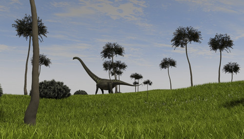 Mamenchisaurus walking across a grassy field Poster Print