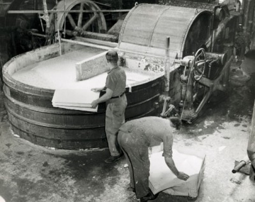 High angle view of two workers working in a paper mill Poster Print - Item # VARSAL25535104