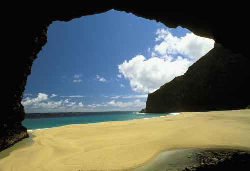 Hawaii, Kauai, Napali Coast, Honopu Beach, Secluded Beach Seen Through Rock Arch. PosterPrint - Item # VARDPI1989351