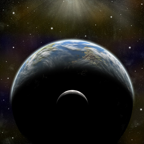 An artist's illustration of an Earth-like planet alone in space with it's orbiting moon. A thick atmosphere that blankets the planet is illuminated by a nearby star Poster Print - Item # VARPSTMRC200064S