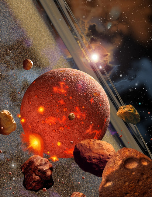 The primordial Earth during the time it was being formed by the accretion of millions of asteroid-like bodies Poster Print
