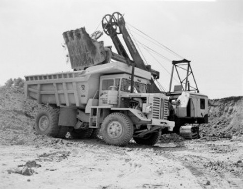 Earth mover putting soil on dump truck Poster Print - Item # VARSAL255420751